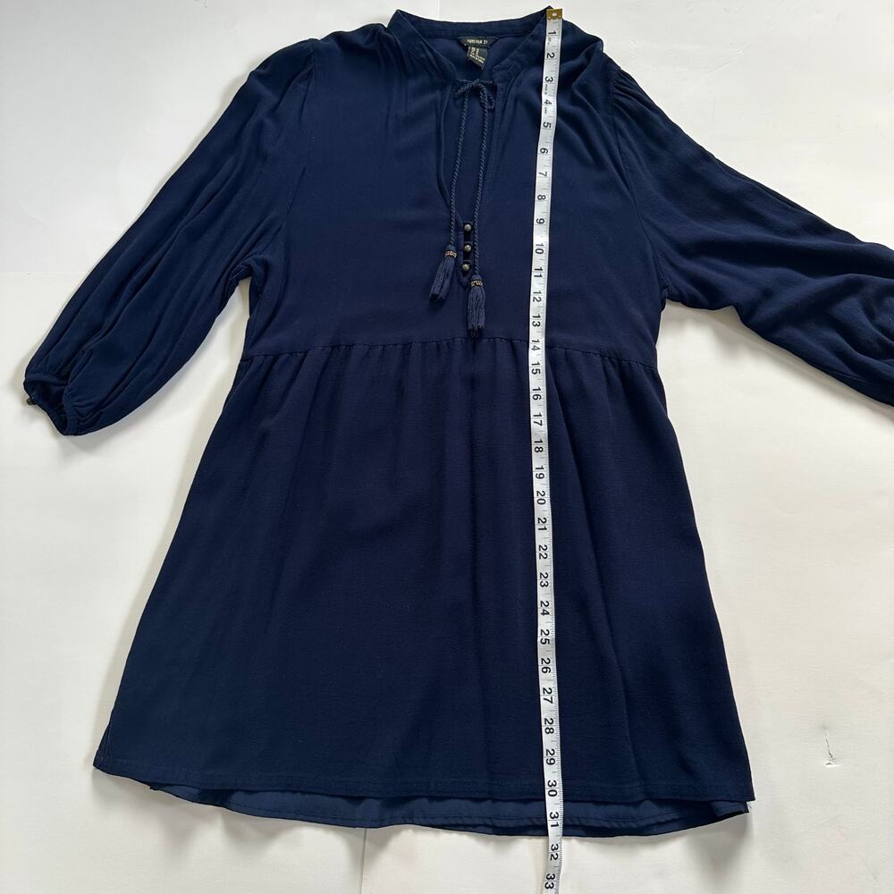 Forever 21 Navy Boho Mini Dress Long Sleeve Tassel Tie Neck Medium Peasant - Picture 4 of 12